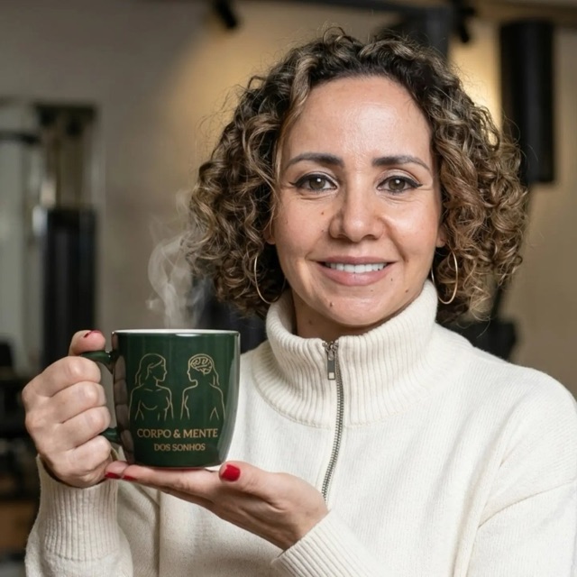 Janaína Mello sorrindo e segurando a caneca Corpo & Mente