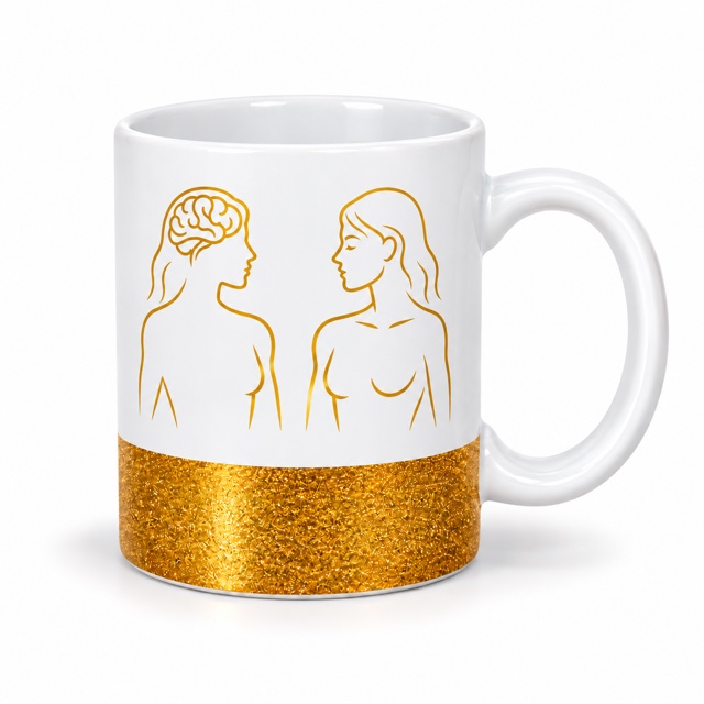Caneca Corpo & Mente com base dourada e traço masculino