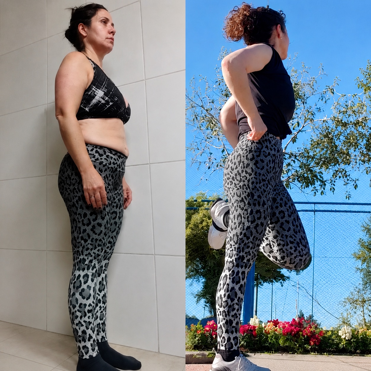 Antes e depois de Janaína com roupa de treino